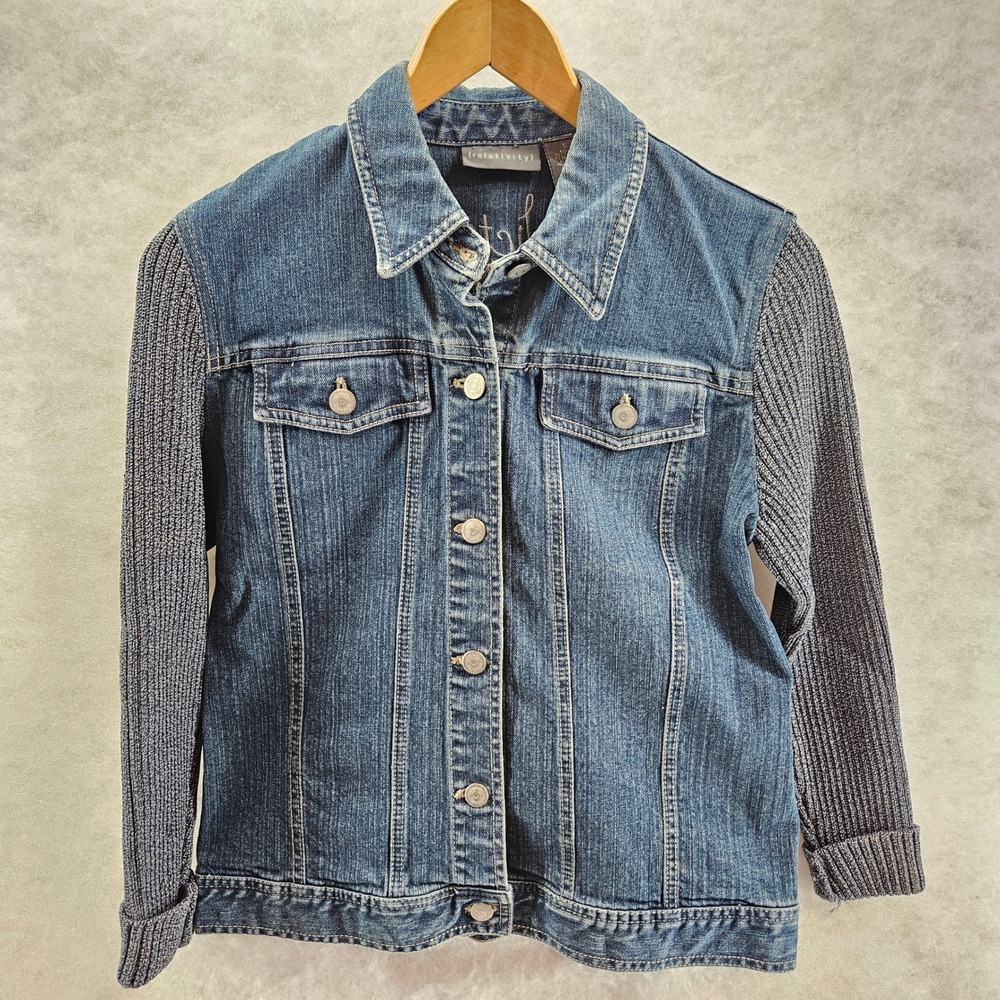 Relativity‎ Denim Womens Jacket Motorcycle Patches Blue Knit Sleeves Size S